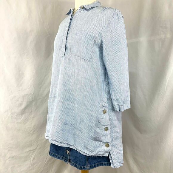 J. JILL Love Linen Blue White Striped Button Front Popover Tunic‎ Womens S Beach - Picture 3 of 6